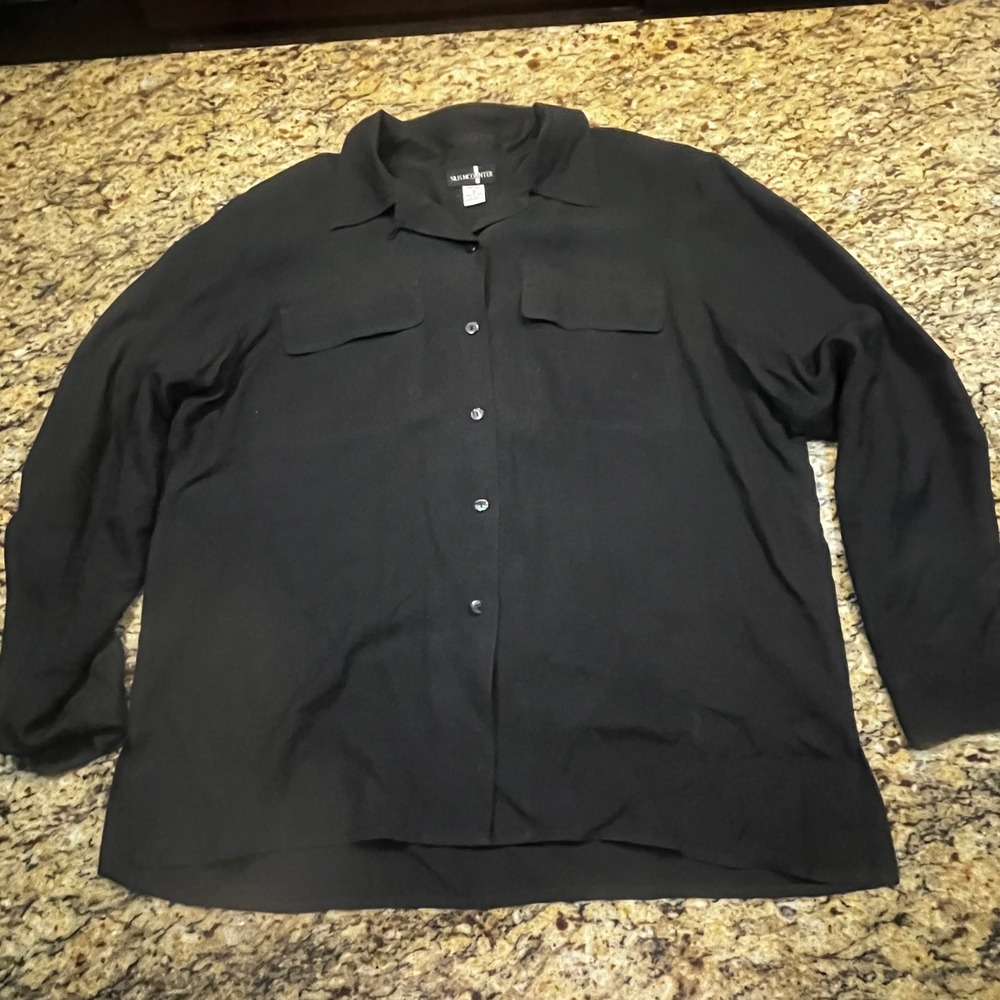 Silk Encounter Womens 100% Silk Button Down Shirt Black Long Sleeve Blouse Large